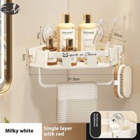 Kệ phòng tắm bằng thép Carbon tối giản hiện đại có thanh treo khăn - Trắng kem