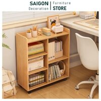 Kệ sách đa năng có bánh xe giá sách gỗ 5 ngăn di chuyển linh hoạt decor phòng góc làm việc - SGP173