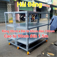 KỆ SẮT V LỖ 3 TẦNG CÓ BÁNH XE,RỘNG 30CM X Dài TỪ 60CM ĐẾN 150CM X CAO NHIỀU KÍCH THƯỚC LỰA CHỌN