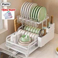 Kệ Úp Chén Bát Đa Năng 2 Tầng Chất Liệu Thép Carbon Chống Gỉ, Có Khay Hứng Nước