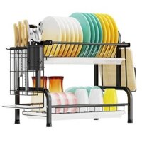 Kệ Úp Chén Dĩa Bằng Sắt Sơn Tĩnh Điện 2 Tầng, Giá Đỡ Bát Có Khay Hứng Nước, Ống Muỗng Đũa Đa Năng