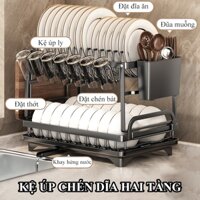 Kệ úp chén dĩa HOMELOVE Kệ để bát đĩa 2 tầng thép carbon nguyên chất không gỉ có ống đựng đũa khay hứng nước thông minh
