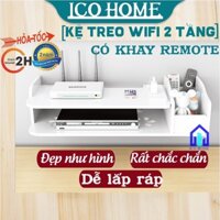 Kệ wifi treo tường 2 tầng không cần khoan để đầu thu kỹ thuật số, tivibox, có khay đựng remote điều khiển tiện lợi