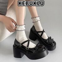 KEBUKLU Giày Gothic, Giày Shallow Chunky gót Mary Jane, Giày cao gót mũi tròn
