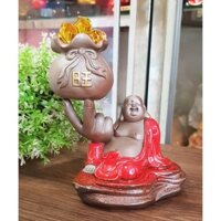 (Kèm 15 thỏi vàng 2.5cm) Tượng Di Lặc tử sa mẫu ngồi tay nâng túi càn khôn