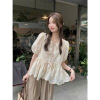 (Kèm áo ống) Áo babydoll voan hoa ren buộc nơ form xoè, áo kiểu nữ xô thêu Salavi N1 039
