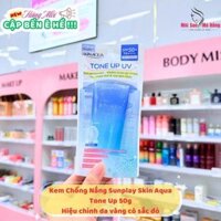 Kem chống nắng nâng tông Skin Aqua Tone up Blue cho da vàng có khuyết điểm đỏ, dạng tinh chất Sunplay Skin Aqua Tone Up UV Essence Blue SPF 50+ PA++++ 50g