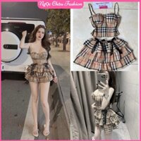 [Kèm clip thật][LOẠI 1] Set áo dây cúp ngực họa tiết BBR chun lưng sau CÓ MÚT+chân váy tầng đính nơ có quần trong <53kg