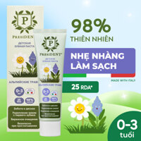 Kem đánh răng President cho bé từ 0-3 tuổi, hương Thảo Mộc. Tái khoáng hóa men răng. Giảm nguy cơ viêm. RDA 25