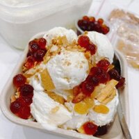 Kem dừa Côn Đảo (Hộp 1000ml Kem tha hồ ăn + Topping Dừa khô, Lạc, Nho khô Mỹ )