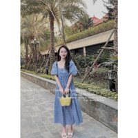 [Kèm hình sàn] Đầm babydoll kẻ sọc caro tay phồng đuôi cá