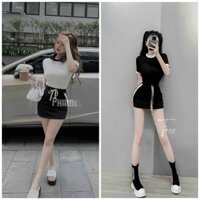 [Kèm hình sàn] Set áo thun body cổ tròn + chân váy ôm dây rút