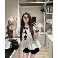 (Kèm hình sàn) Set đồ nữ áo babydoll tay phồng đính nơ form dài kèm quần short xinh