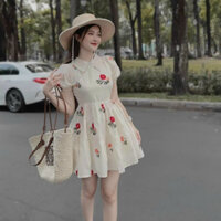 [Kèm hình thật] Đầm babydoll cổ sen chất xô hoa thêu tay phồng đẹp 196