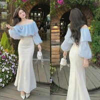 [Kèm Hoa Trà]: Set Áo Tơ Baby Blue Trễ Vai Bèo Tay Phồng Mix Chân Váy Kaki Đuôi Cá Dáng Dài Hack V3 (Ảnh Thật Trải Sàn)