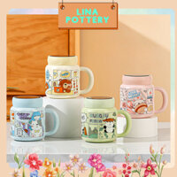[KÈM HỘP + NẮP] Cốc Uống Nước, Ly Uống Trà Bằng Sứ Cartoon Anime Có Nắp Tráng Gương Nhiều Màu 420ml - Lina Pottery