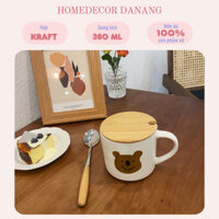 [Kèm hộp+túi+thiệp] Cốc gốm sứ gấu kèm nắp và thìa dung tích lớn, cốc sứ quà tặng bạn bè, người yêu