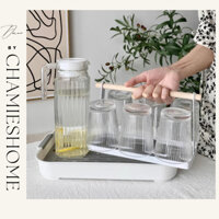 [KÈM KHAY] Bộ 6 Cốc + Bình Thủy Tinh 1100ml Phong Cách Hiện Đại -  Chamies Home Decor