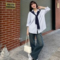 (KÈM KHOÁC CHOÀNG THUN) Áo sơ mi dài tay kẻ sọc thêu ngựa, sơ mi thuỷ thủ phong cách Hàn Quốc Salavi N1 002