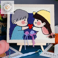 [KÈM KIM và KHUNG GỖ] Tranh thêu len nổi, thêu xù punch needle Cặp Đôi 25cm x 30cm - khung gỗ trang trí tường, làm quà t