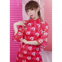 [KÈM QUẦN] Áo dài lụa organza cổ ngắn, áo dài nữ cách tân 2 tà tay lỡ dáng suông, tông Hồng