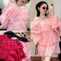 KÈM QUẦN | Đầm ngang vai PHỐI TẦNG tay loe bồng bềnh đính bông siêu xinh