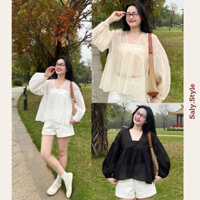 (Kèm quây) Áo sơ mi kiểu babydoll SALY chất tơ voan xuyên thấu kèm quây cùng màu phối đồ tiểu thư- Aovoan593_P5K10