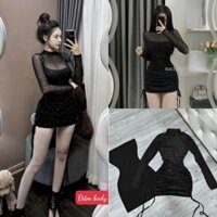 KÈM THEO QUÀ TẶNG THUN TÓC] Đầm váy nữ 2 món body rút dây sườn phối lưới đính đá bling bling sexy tôn dáng siêu xinh