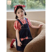 (Kèm Turban) (Top yếm bán chạy) Set 3 cẩn thận yếm bò jean kèm áo sơmi caro đỏ siêu cute cho bé 13-45kg MLS