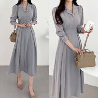 [Kèm video/ảnh thật] Đầm công sở váy xoè cổ vest tay dài M.L.XL