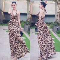 [Kèm video/ảnh thật] Đầm maxi beo cổ yếm M.L.XL