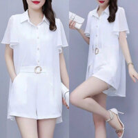 [Kèm video/ảnh thật] Set áo sơmi phủ voan chiffon quần short M.L.XL