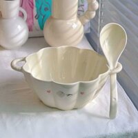 Kem Wisteria Hoa Double Ear Súp Bowl gốm bí ngô Trang chủ Bộ đồ ăn Công suất lớn mì ăn liền dễ thương ins W