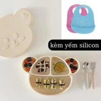 (kèm yếm silicon) Khay ăn dặm cho bé Silicone Gấu Brown cao cấp có nắp đậy, đế hút chân không chống lật đổ