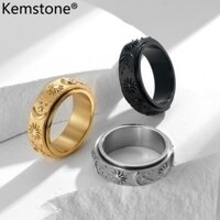 Kemstone Bohemian Celestial Spinner Ring - Nhẫn Fidget Mặt trời, Mặt trăng và Ngôi sao bằng thép không gỉ để giảm căng thẳng, Dây đeo được đánh bóng rộng 8mm bằng vàng, bạc, đen (Size 6-13)