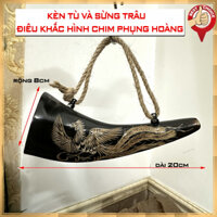 Kèn tù và sừng trâu đen điêu khắc hình chim Phụng - có móc treo tường - Dài 20cm