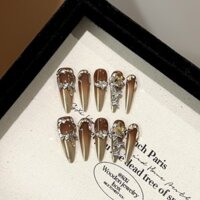 [Keo thủ công miễn phí] móng tay nhân tạo mùa thu và mùa đông màu nâu vàng ma thuật gương bột giả vá móng tay trên móng tay tái sử dụng