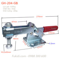 Kẹp định vị GH-204-GB, thép mạ kẽm, lực giữ 630kg dài 275mm