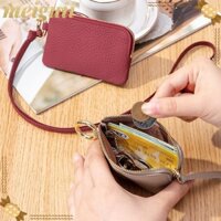 Kẹp Tiền MEIGUII, Ví Ngắn Da Bò Màu Trơn, Dung Tích Lớn Có Dây Đeo Vòng Cổ Họa Tiết Vải Lánh Ví Đựng Tiền Xu Nữ