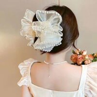 Kẹp tóc càng cua nơ to tiểu thư đính đá chấm bi kẹp búi tóc nơ lưới đám mây phồng bồng bềnh size lớn phong cách Hàn Quốc (Nơ trắng viền ngọc)