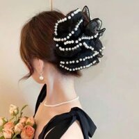 Kẹp tóc càng cua nơ to tiểu thư đính đá chấm bi kẹp búi tóc nơ lưới đám mây phồng bồng bềnh size lớn phong cách Hàn Quốc (Nơ đen viền ngọc)