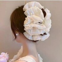 Kẹp tóc càng cua nơ to tiểu thư đính đá chấm bi kẹp búi tóc nơ lưới đám mây phồng bồng bềnh size lớn phong cách Hàn Quốc (Nơ trắng chấm ngọc)