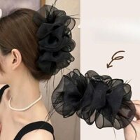 Kẹp tóc càng cua nơ to tiểu thư đính đá chấm bi kẹp búi tóc nơ lưới đám mây phồng bồng bềnh size lớn phong cách Hàn Quốc (Nơ voan đen lông vũ)