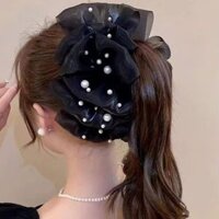 Kẹp tóc càng cua nơ to tiểu thư đính đá chấm bi kẹp búi tóc nơ lưới đám mây phồng bồng bềnh size lớn phong cách Hàn Quốc (Nơ đen chấm ngọc)