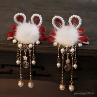 Kẹp tóc đỏ năm mới 2024, phụ kiện tóc phong cách cổ điển, trang trí tóc Hanfu, kẹp tóc đa năng cho trẻ em, cô gái thỏ, kẹp tóc tua rua