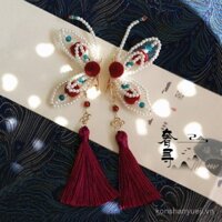 Kẹp tóc hình bướm ngọc trai sang trọng mới phong cách Trung Quốc Màu Đỏ Rượu Vang Bóng tua rua trang sức tóc trang sức tóc khí chất