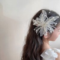 Kẹp tóc lông vũ hoa ren trắng thủ công cổ tích và đẹp mắt, Kẹp bên cạnh đám cưới của cô dâu