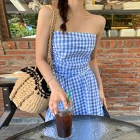 Kẹp tóc tặng kèm Váy cúp ngực, váy maxi dáng dài họa tiết kẻ basic dành cho nữ đi chơi đi du lịch phong cách Hàn Quốc