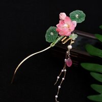 Kẹp Tóc Tua Rua Hình Hoa Sen Bằng Thủy Tinh Phong Cách Trung Hoa Cổ Điển Dễ Phối Đồ