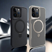 Kết cấu sợi Carbon / Ốp cứng Acrylic mờ Tương thích cho iPhone 12 13 14 15 16 Pro Max Ốp điện thoại / Có giá đỡ kim loại Vỏ giữ chân đế Vỏ sạc không dây từ tính